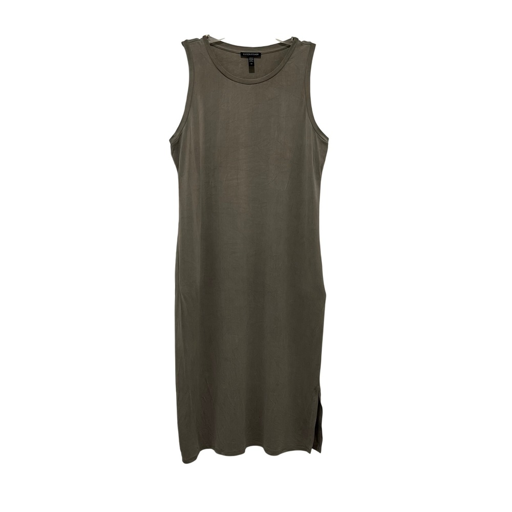 Eileen Fisher Good Midi Dress Women's Small Taupe Grey Sleeveless Side Slit